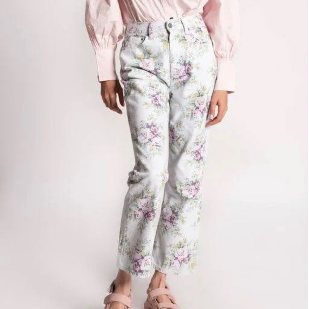 NWT Ganni Betzy Floral print cropped denim jeans sz 26‎
